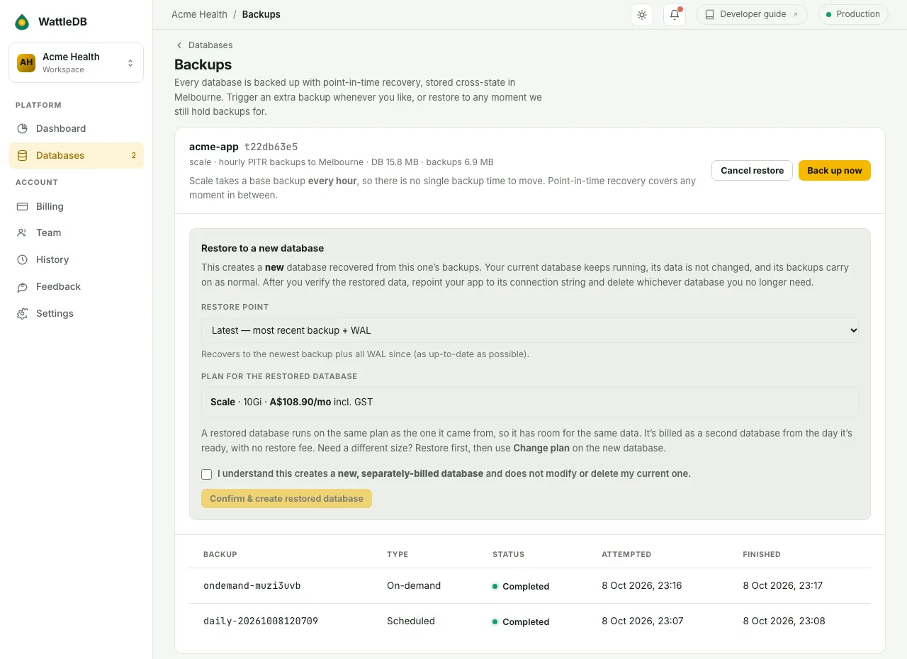 The Backups page for acme-app with the restore panel open and two completed backups listed.