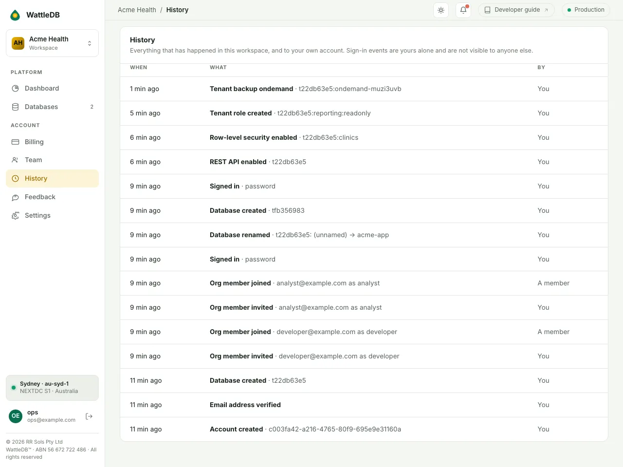 The History page listing recent workspace events such as a backup, a new role and members joining.