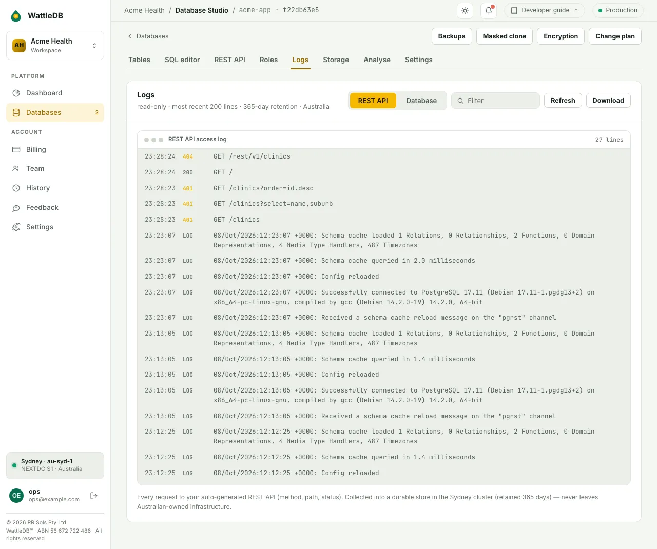The Logs tab showing the REST API log for acme-app.