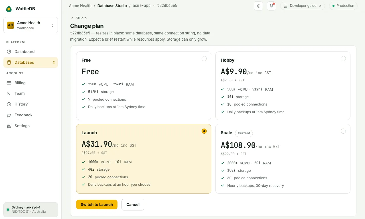 The Change plan page for a Scale database with the Launch plan selected.
