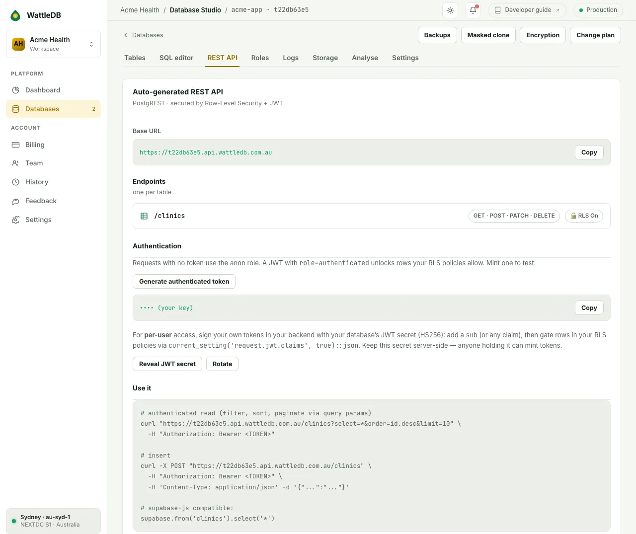 The REST API tab after it was turned on, with the clinics endpoint secured by row-level security and the token hidden.