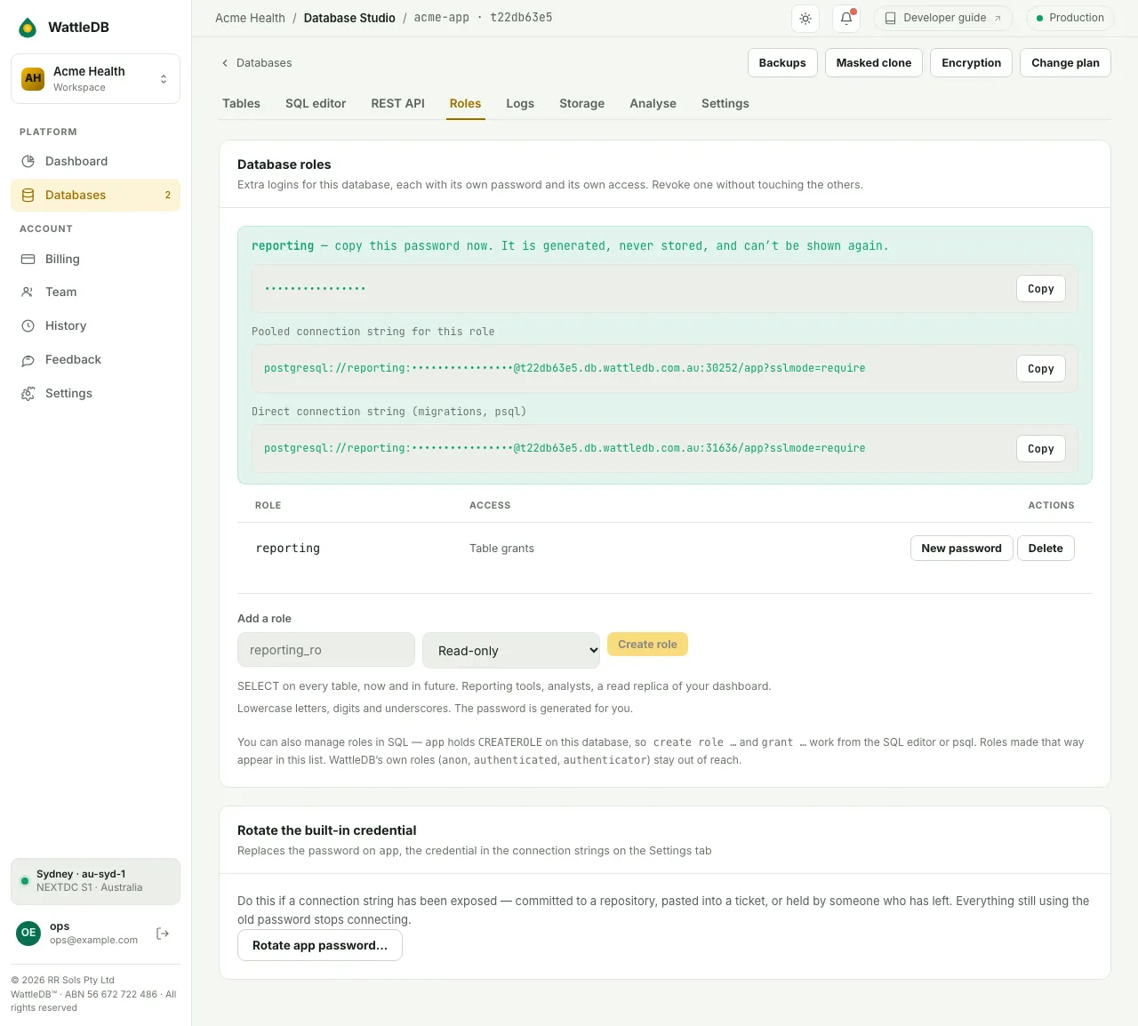 The Roles tab showing a one-time password, hidden, for the read-only role reporting.