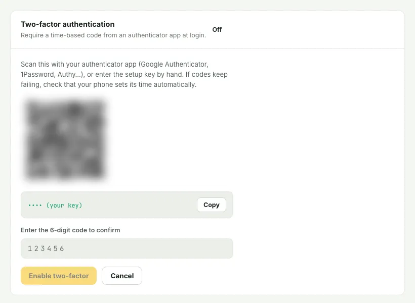 The two-factor setup card with a blurred QR code, a hidden setup key and a field for the 6-digit code.