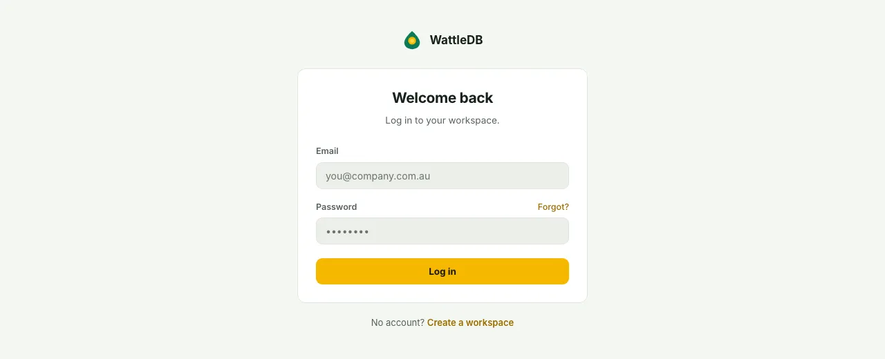 The WattleDB sign-in page with email and password fields and a Log in button.